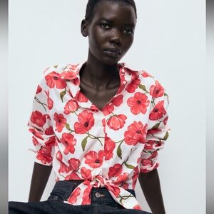 Mango White Button-Down Shirt with Red Floral Print
